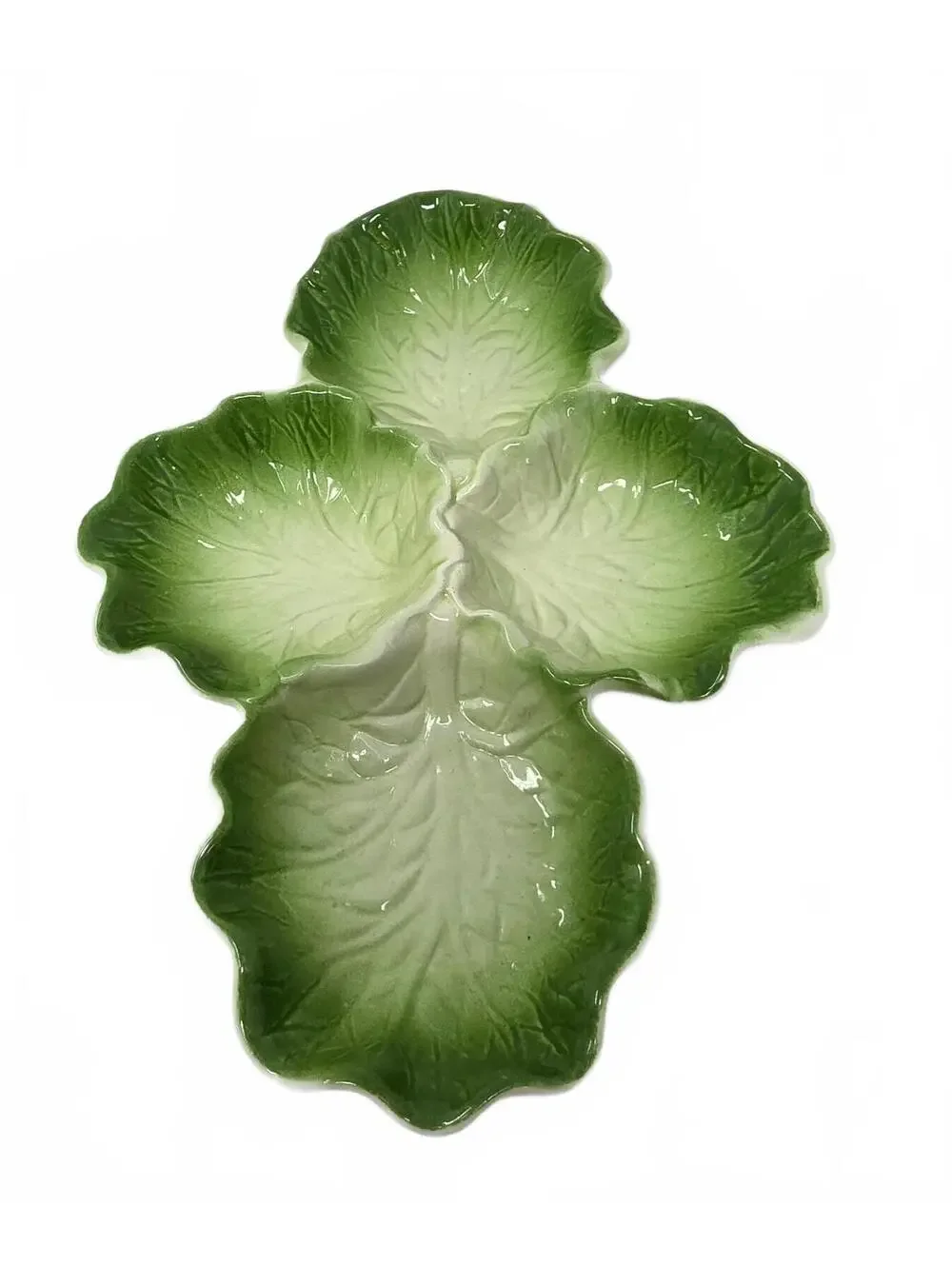 Vintage Made in USA Green Cabbage Leaf 4-Part Relish Serving Tray